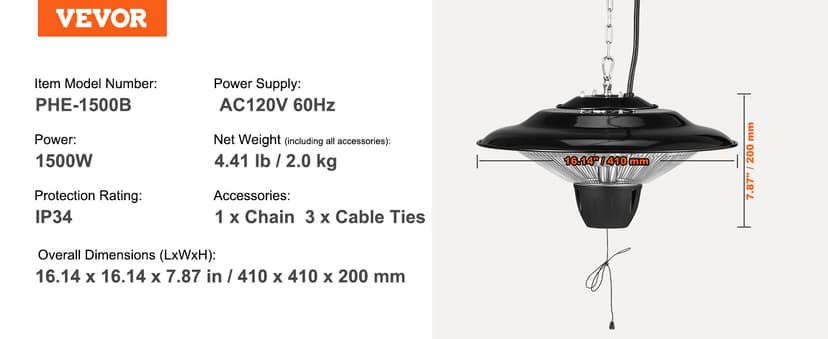 VEVOR Hanging Patio Heater, 1500W Outdoor/Indoor Electric Space Infrared Heater, IP34 Protection Ceiling Heater with 23.6 inch Pull Cord & 20 inch Adjustable Chain, for Porch,Patio,Dining Room,Studio