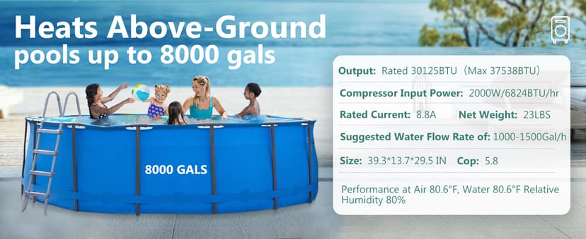 Aboron 30125BTU/hr Pool Heater for Above and In Ground Pools & Spas, Heat Pump for Pools up to 8000 Gal, 5.8 COP, Quiet Operation, Automatic Defrost Function, 210V-230V/60Hz
