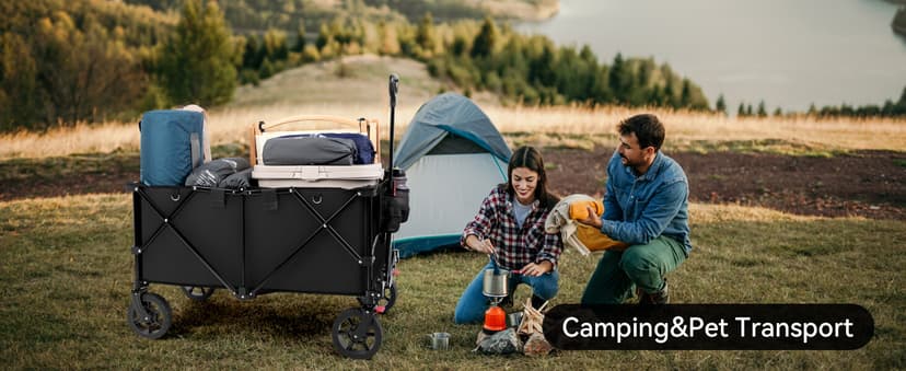 Hikenture Folding Wagon Cart, Portable Large Capacity Beach Wagon, Heavy Duty Utility Collapsible Wagon with All-Terrain Wheels, Outdoor Garden Cart Foldable Wagon for Sports, Shopping, Camping(Black)