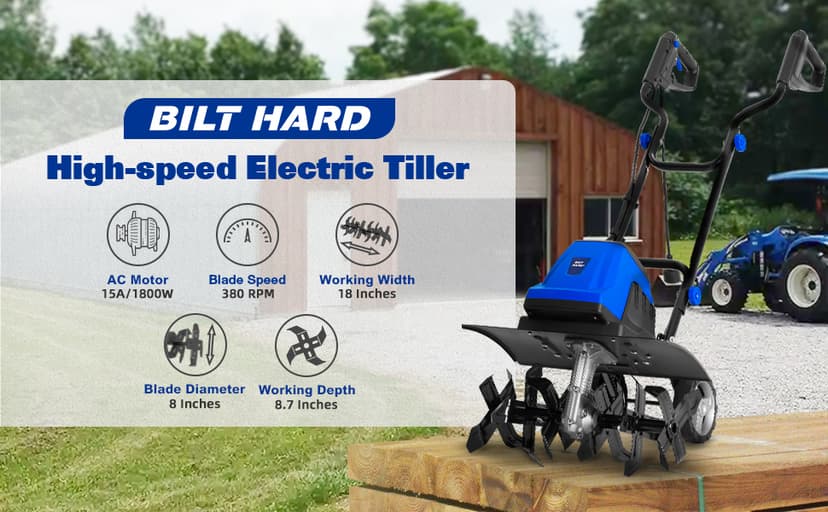 BILT HARD 18 Inch Electric Tiller Cultivator, Corded 15 Amp 6 Steel Tines Tillers for Gardening, Garden Rototiller for Soil Digging with Adjustable Wheels