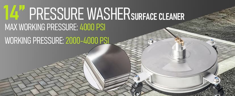 Hourleey 14" Pressure Washer Surface Cleaner, Stainless Steel Surface Cleaner with 4 Wheels for Concrete, Patio, Sidewalk, Deck, Pathway 1/4" Quick Connector, 2 Extension Wand, 4000 PSI