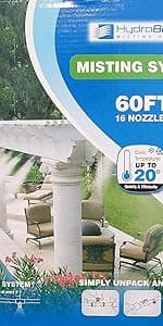 Patio Misting Kit - Pre- Assembled Misting System - Simply unpack and Attach - Cools temperatures by up to 30 Degrees - for Patio, Pool and Play Areas (60 Feet - 16 Nozzles)