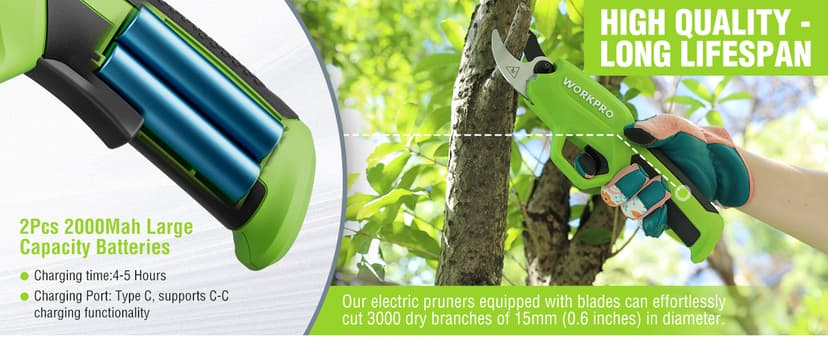 WORKPRO 7.2V Electric Pruning Shears, Battery Powered Pruning Shears, Cordless Tree Pruner, 0.8 Inch Cutting Diameter, Branch Cutter Gardening Scissors with Rechargeable Battery