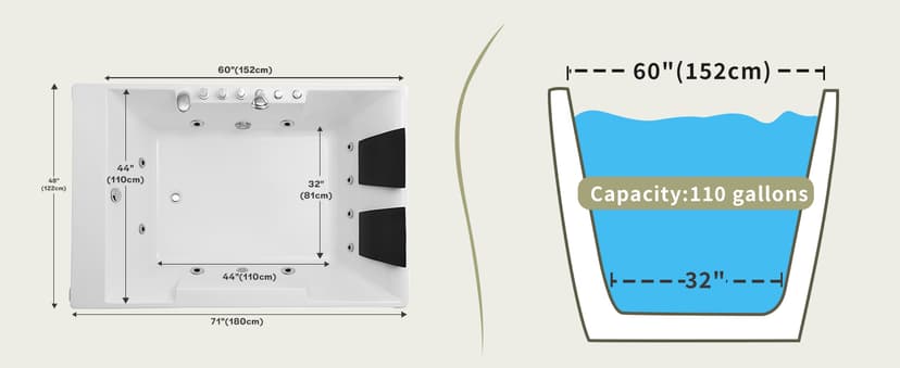 72-Inch Whirlpool Jetted Tub,Acrylic Hydro Massage Bathtub with 10 Jets, Color-Changing LED Lights,2-Person Jetted Bath Tub for Couples