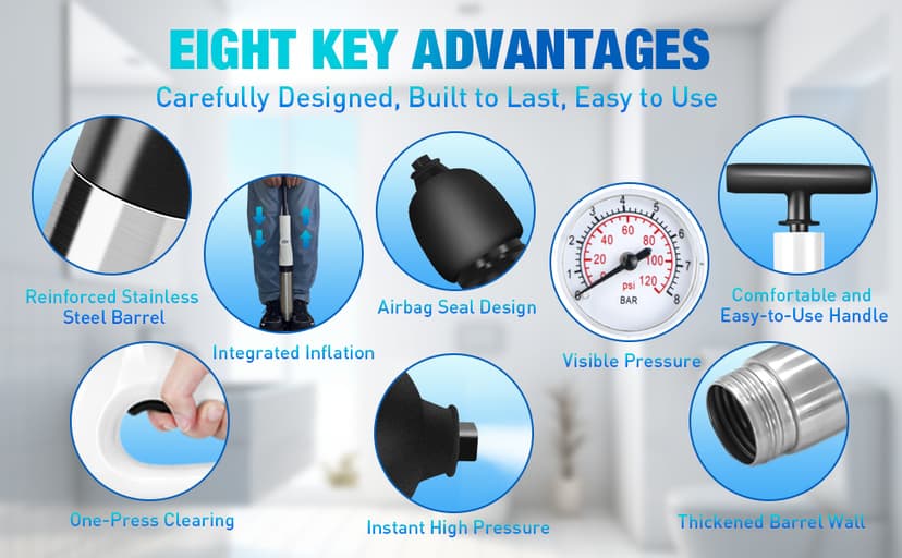 High Pressure Toilet Plunger, Air Drain Blaster Gun with Visual Barometer and Stainless Steel Plungers, Powerful Drain Clog Remover Tool for Sink, Toilet, Floor Drain - Heavy Duty Toilet Plungers