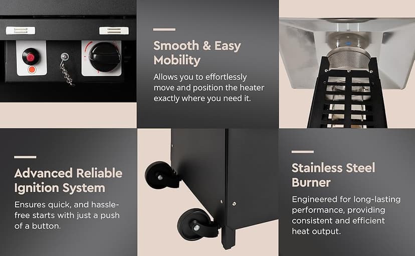 Fire Sense 66991 Pyramid Flame Patio Heater 40,000 BTU Outdoor Propane Heater Tower with Wheels - Black