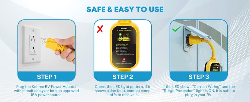 Kohree 30 Amp to 110V RV Adapter with Surge Protection, 8000 Joules 15 Amp to 30 Amp RV Power Adapter 21'' with Twist Lock, Circuit Analyzer w/LED Indicators, for Camper Travel Trailer