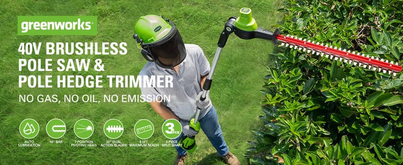 Greenworks 40V 10" Brushless Pole Saw + Pole Hedge Combo, 2.5Ah Battery and Charger Included
