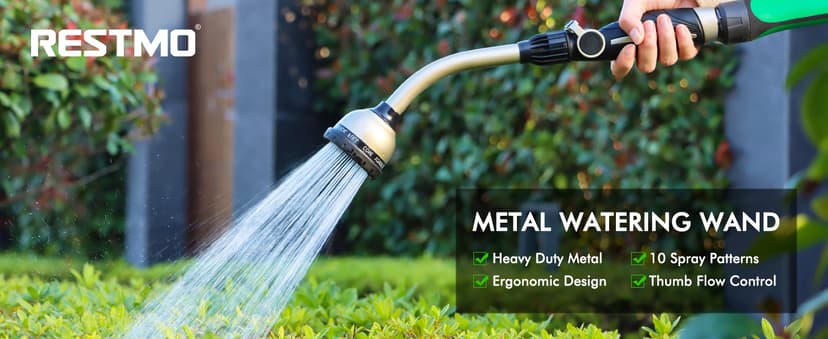 RESTMO Watering Wand Heavy Duty, Metal Garden Hose Wand with 10 Spray Patterns, 15-Inch Long Hose Nozzle Sprayer with Thumb Flow Control, Ideal to Water Hanging Baskets and Shrubs