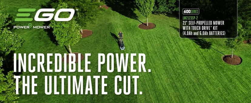 EGO Power+ LM2123SP-2 21-Inch 56-Volt Cordless Self-Propelled Brushless Lawn Mower with Touch Drive, with 4.0Ah, 6.0Ah Batteries, and 550W Rapid Charger