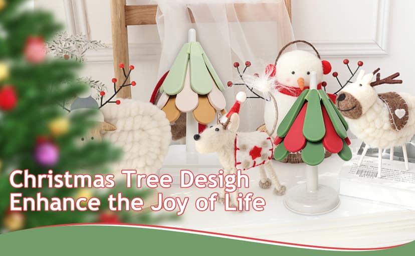 Silicone Trivets for Hot Dishes,Tree Shaped Trivets Set for Hot Pots and Pans, Tree Coasters/Tree Trivets,Hot Pads for Kitchen Decor and Accessories, 3 Pot Holders and 1 Stand (Christmas Round)