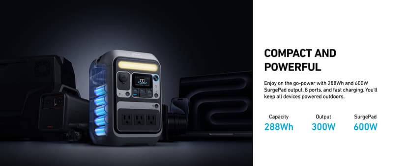 Anker SOLIX C300 Portable Power Station, Outdoor 288Wh LiFePO4 Battery, 300W (600W Surge) Solar Generator, 140W Two-Way Fast Charging, for Camping, Traveling, and Emergencies (Solar Panel Optional)