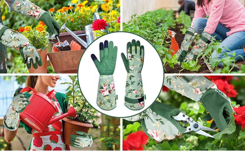 Gardening Gloves, Durable and Comfortable Women's Long Garden Gloves for Gardening Work and Yard Work, Leather Gardening Gloves for Women, Green Print (Medium)