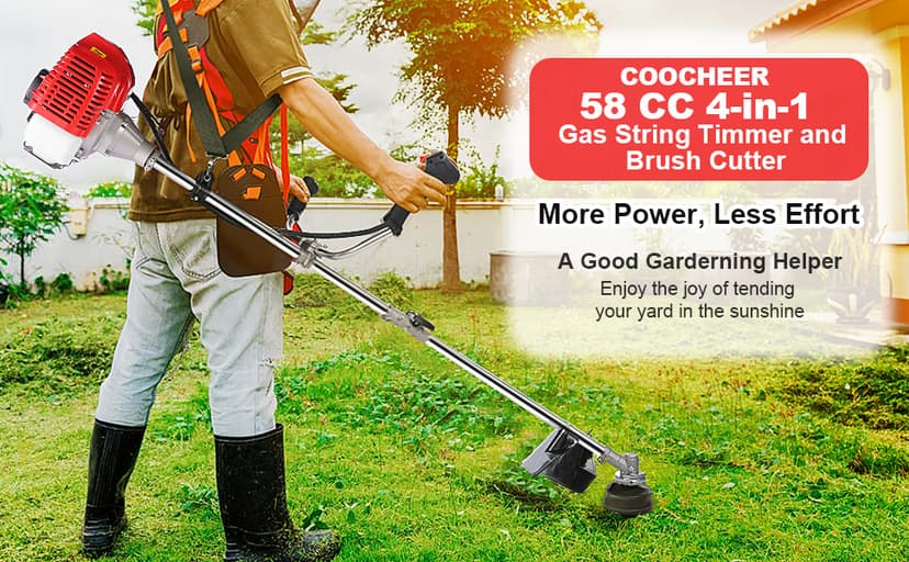 COOCHEER Weed Wacker 58cc, 4 in 1 Cordless Weed Eater Gas Powered, 2-Cycle String Trimmers Gas Brush Cutter Straight Shaft Gas Grass Trimmer for Lawn and Garden Care Trimming, Red