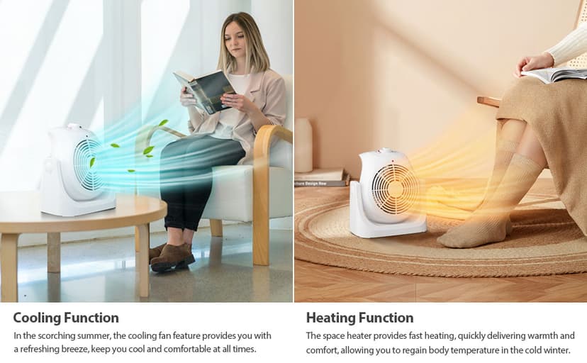 LifePlus 2 in 1 Heater Fan Combo, Portable Cooling Desk Fan, Air Circulator Fan 45° Tilt, 2 Wind Speeds, 1500W Overheat Protection Personal Small Floor for Home Office White