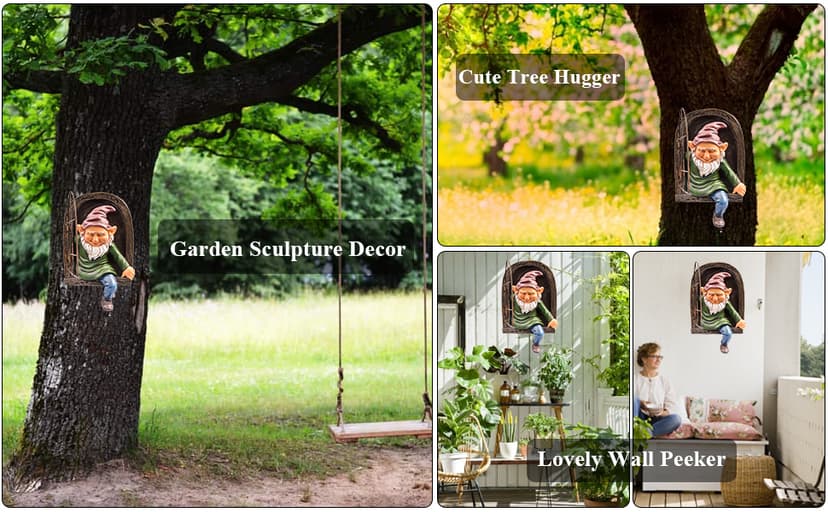 Gnome Statue Tree Face Outside Yard Art Outdoor Statue, 12 Inch Elf Out of The Window Tree Decor and Yard Decorations, Whimsical Gnomes Garden Sculptures & Statues, Fairy Tree Peeker Ornaments