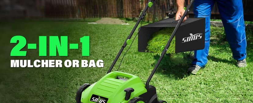 SOYUS Electric Dethatcher and Scarifier with 30L Collection Bag, 13-Inch 12 Amp 2-in-1 Corded Lawn Dethatcher with 4-Postion Depth Adjustment, Quick-Fold, Increases Lawn Health