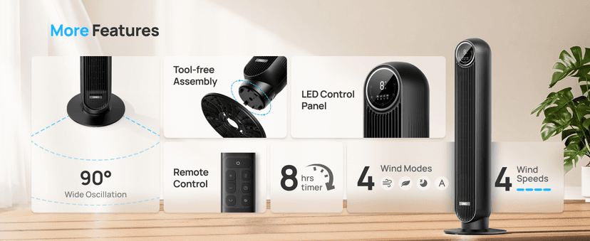 Dreo Tower Fan for Bedroom, 25ft/s Velocity 28dB Quiet Floor Fan, 90° Oscillating Fans for Indoors with 4 Speeds, 4 Modes, 8H Timer, Bladeless Standing Fan, Black, Nomad One (DR-HTF007)