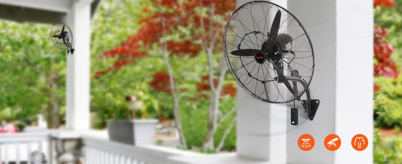 VEVOR 30 Inch Wall-Mount Misting Fan, 3-speed IP44 Waterproof Oscillating, Max. 9500 CFM Wall Mounted Fan for Outdoor, Commercial, Residential, Greenhouse, Workshop, Patio, Black, ETL Listed