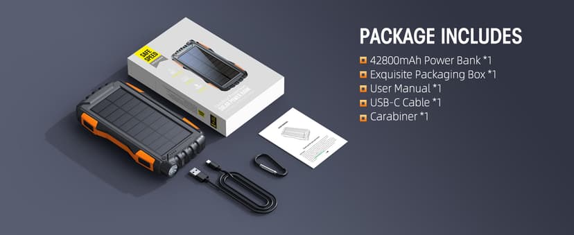 Power-Bank-Solar-Charger - 42800mAh Portable Charger,Solar Power Bank,External Battery Pack 5V3.1A Qc 3.0 Fast Charger Built-in Super Bright Flashlight (Orange)