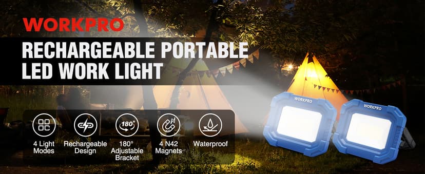 WORKPRO LED Work Light, Rechargeable Magnetic Work Lights with Stand, Portable, Waterproof, 2000LM COB Flood Light for Camping, Fishing, Car Repair, Job Site Lighting, Hiking, 4 Modes, 2 Pack