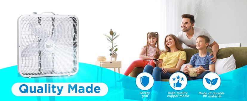 BLACK+DECKER Box Fan with 3 Speed Settings, 20” Box Fan with Carrying Handle, Rotary Knob and Recessed Cord Storage, Portable Fan and Cooling Fan for Home, Office, Garage, Basement & More