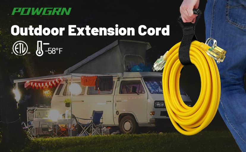 50 ft 12/3 Outdoor Extension Cord Waterproof Heavy Duty with Lighted Indicator End 12 Gauge 3 Prong, Flexible Cold-Resistant Long Power Cord Outside, 15Amp 1875W SJTW Yellow ETL Listed