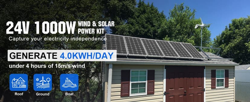 ECO-WORTHY 1000W 4KWH Solar Wind Power Kit: 400W Wind Turbine + 6pcs 100W Solar Panel + 2pcs 12V 100Ah Lithium Battery + 24V 3000W Inverter for Home/RV/Boat/Farm/Street Light and Off-Grid Appliances