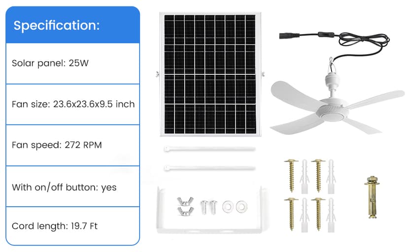 23.6'' Solar Ceiling Fan, 25W Solar Powered Hanging Fans for Outdoor Gazebo, Chicken Coop, Greenhouse, Shed, Dog House, 19.7 Ft Long Cord with On/Off Button