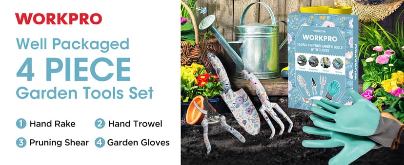 WORKPRO Aluminum Garden Tool Set, 4PCS Heavy Duty Hand Garden Tools with Box Include Trowel, Rake, Pruner, Garden Gloves, Garden Gifts