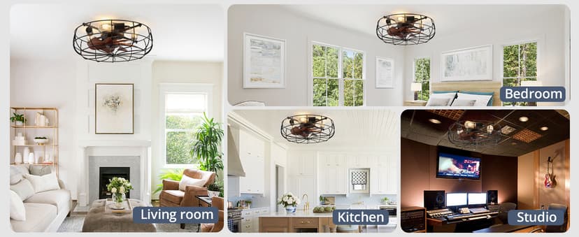 LEDIARY 20" Caged Ceiling Fans with Lights and Remote, Flush Mount Bladeless Ceiling Fan Low Profile, Small Farmhouse Industrial Enclosed Ceiling Fan with Light for Bedroom, Kitchen, Indoor