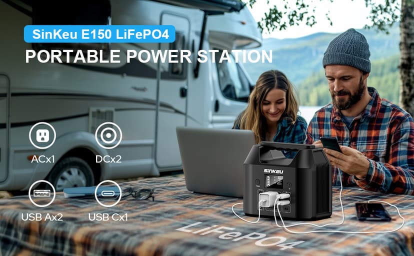 SinKeu Portable Power Station 122.8Wh, LiFePO4 Battery Solar Generator for Home Use, 150W Power Bank with AC Outlet for Camping, RV, Emergency Backup