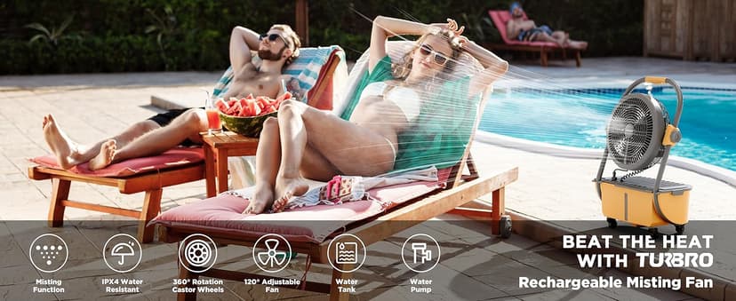 TURBRO Cordless Misting Fan with 11L Tank, High Pressure Spray Nozzles, 15ft Mist Range, Up to 50 Hours Run Time with Rechargeable Battery, 360° Swivel Wheels, Ideal for Patio, Pool and Outdoor Use