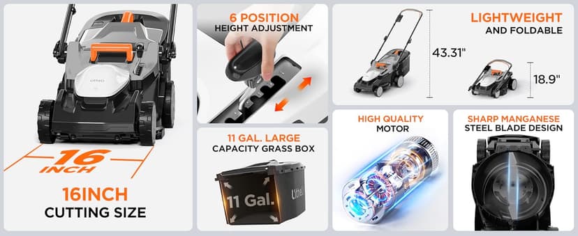 Litheli 40V (2 x 20V) 16" Electric Lawn Mower Cordless, Walk Behind Lawn Mower with 6-Height Adjust, Portable & Lightweight Push Battery Powered Lawn Mower (2 * 4.0AH Batteries Included)