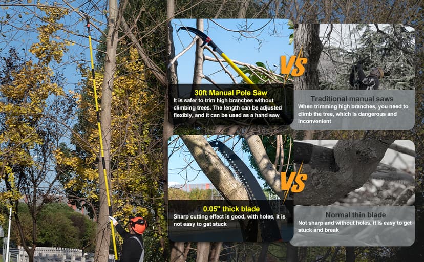 30 FT Manual Pole Saw for Tree Trimming, Extendable Tree Pruner with Sharp Steel Blade and Scissors for High Branches, Sturdy Design Ideal for Pruning Palms and Shrubs