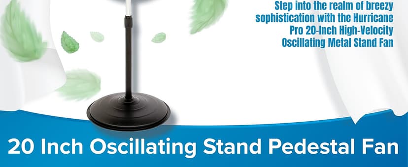 Hurricane Pro High-Velocity Oscillating Metal Stand Fan w/ 3-Speed Setting, 20" - Heavy-Duty Cooling Pedestal Unit w/ 4500 CFM, Adjustable Tilt & Height for Home, Garage, Gym & Workshop