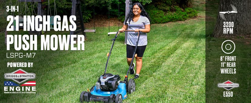 SENIX LSPG-M7 21-Inch Gas Push Lawn Mower with 140 cc 4-Cycle Briggs & Stratton Engine, Bagging, Mulching, and Side Discharge, 6-Position Dual Lever Height Adjustment