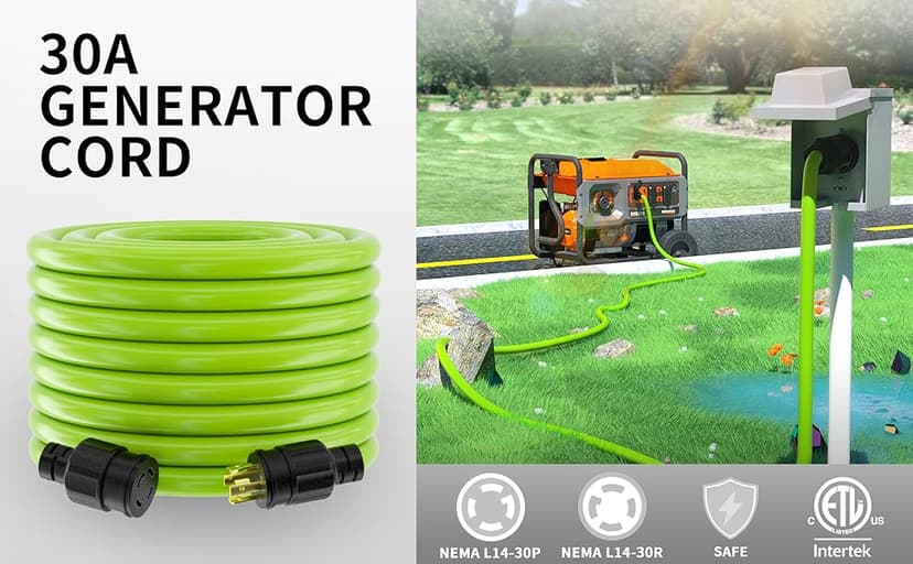 75Feet 30 Amp Generator Extension Cord 4 Prong,Heavy Duty NEMA L14-30P/L14-30R,125/250V 7500W,Green 10 Gauge STW Twist Locking Generator to House Power Cords with Cord Organizer,ETL Listed