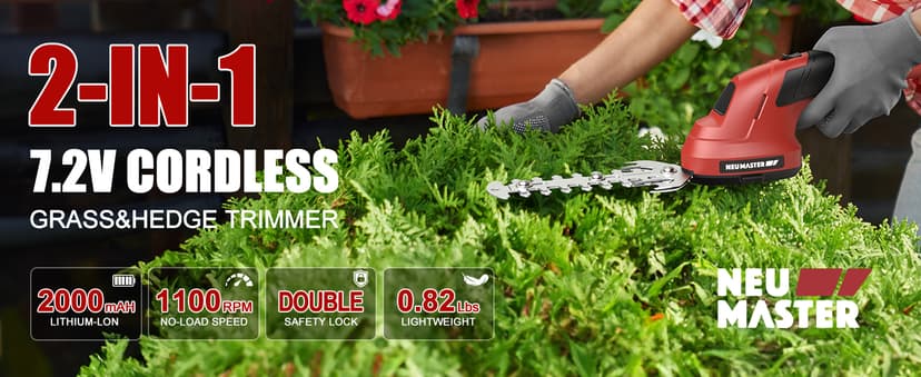 NEU MASTER Cordless Grass Shear, 2-in-1 Handheld Hedge Trimmer, 7.2V Electric Grass Trimmer with Type-C Cable and 2.0Ah Rechargeable Battery, Lightweight Shrubbery Trimmer for Garden Yard Lawn