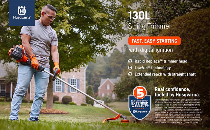 Husqvarna 130L Gas String Trimmer, 28-cc 2-Cycle, 18-Inch Straight Shaft Gas Weed Wacker with Rapid Replace Trimmer Head for Seamless String Reloading, 970514405