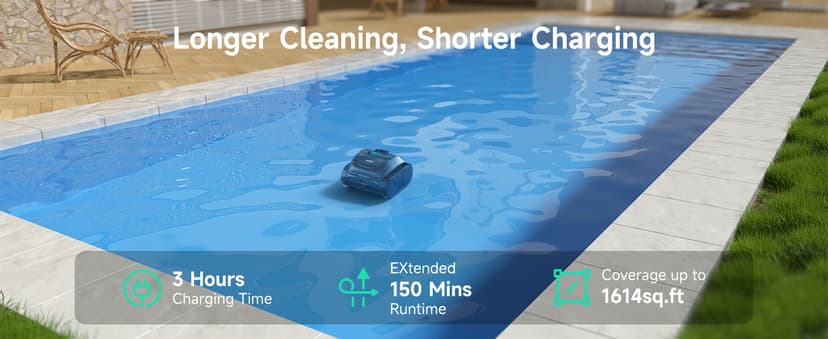 (2025 Upgrade) WYBOT C1 Robotic Pool Vacuum for Inground Pools, 150min Runtime Cordless Pool Cleaner, 4-in-1 Wall & Waterline Cleaning Up to 1,614Sq.ft, Smart Navigation, App Support