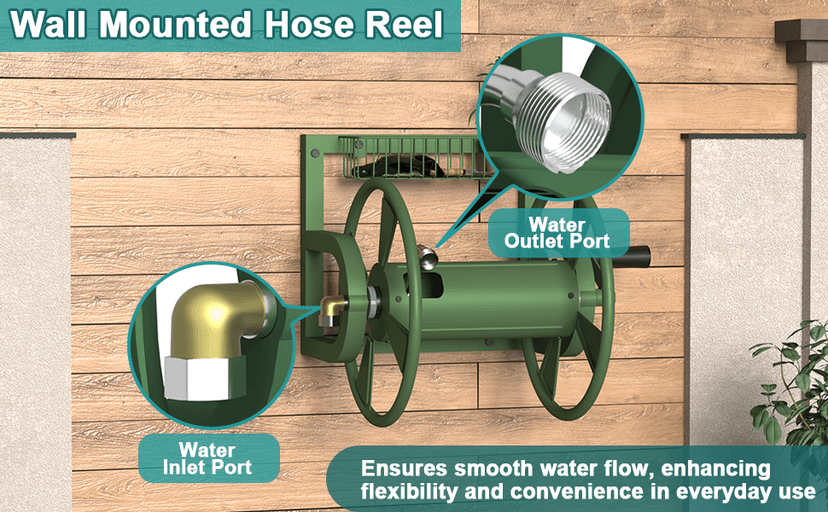 Garden Wall Mounted Hose Reel, Outdoor Heavy-Duty Water Hose Holder Winder, Holds 125 Feet of 5/8-Inch Hose, with 3.9 ft Leader Hose, Brass Fitting and Storage Basket for Yard, Green