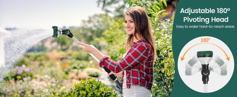 Watering Wand for Garden Hose, 24 Inch, 8 Spray Patterns, Garden Hose Nozzle with Thumb Flow Control, Adjustable Water Sprayer with Pivoting Head, Ideal for Hanging Baskets and Shrubs