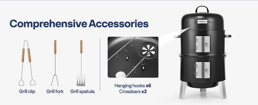 VIVOHOME 3-in-1 Vertical Charcoal Smoker, BBQ Smoker Grill with Built-in Thermometer, Air Vent, and 2 Access Doors, Idea for Parties, Backyard, Barbecues