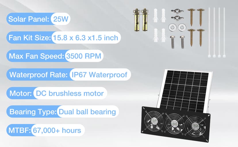 Solar 3 Fan Kit, 25W Solar Panel Powered Exhaust Fan for Outdoor Chicken Coop, Greenhouse & Shed, Intake or Exhaust Air for Cooling, IP67 Waterproof, 3500RPM, 15 FT Long Cord