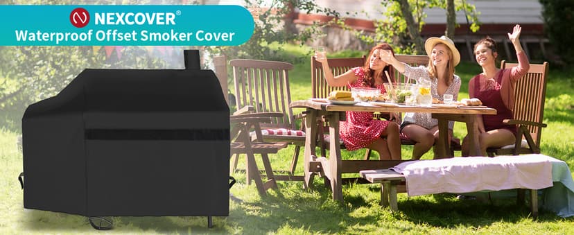 NEXCOVER Offset Smoker Cover - 60 Inch Waterproof Charcoal Grill Cover, Outdoor Heavy Duty BBQ Cover, Rip Resistant Smokestack Barbecue Cover for Brinkmann Char-Broil Weber Nexgrill, Black.