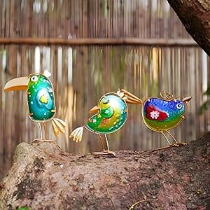 Funny Metal & Glass Bird Decor Set of 3 - Unique Colorful Indoor & Outdoor Garden Statues Whimsical Lawn Decorations Handmade Bird Sculptures Garden Decor for Outside