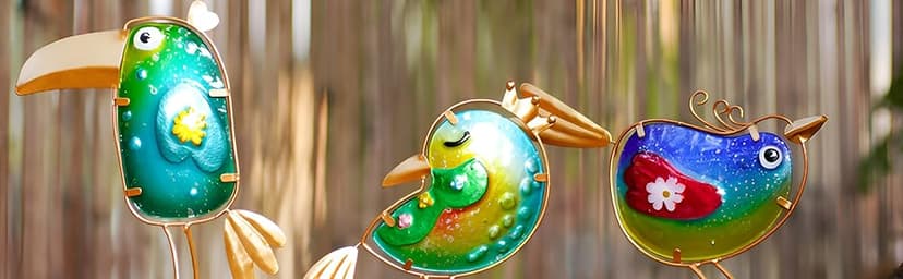 Funny Metal & Glass Bird Decor Set of 3 - Unique Colorful Indoor & Outdoor Garden Statues Whimsical Lawn Decorations Handmade Bird Sculptures Garden Decor for Outside