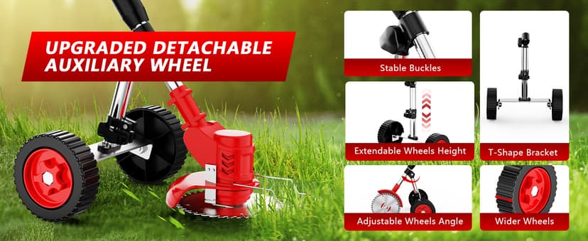 Electric Weed Wacker Cordless with Wheels,21V 2×2000mAh Weed Eater Battery Powered, 6-inch Cordless String Trimmer with 3 Types of Blades, Electric Grass Trimmer,Lawn Edger, Mower for Yard,Garden