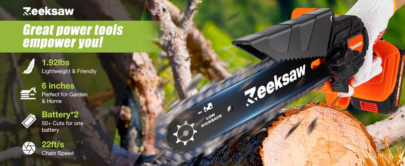 Mini Chainsaw 6 Inch Cordless, Super Handheld Chainsaw with 2x Big Batteries, Electric Mini Chain saw Battery Powered, Small Hand saws for Tree Wood - Garden Yard Time Saving Tool